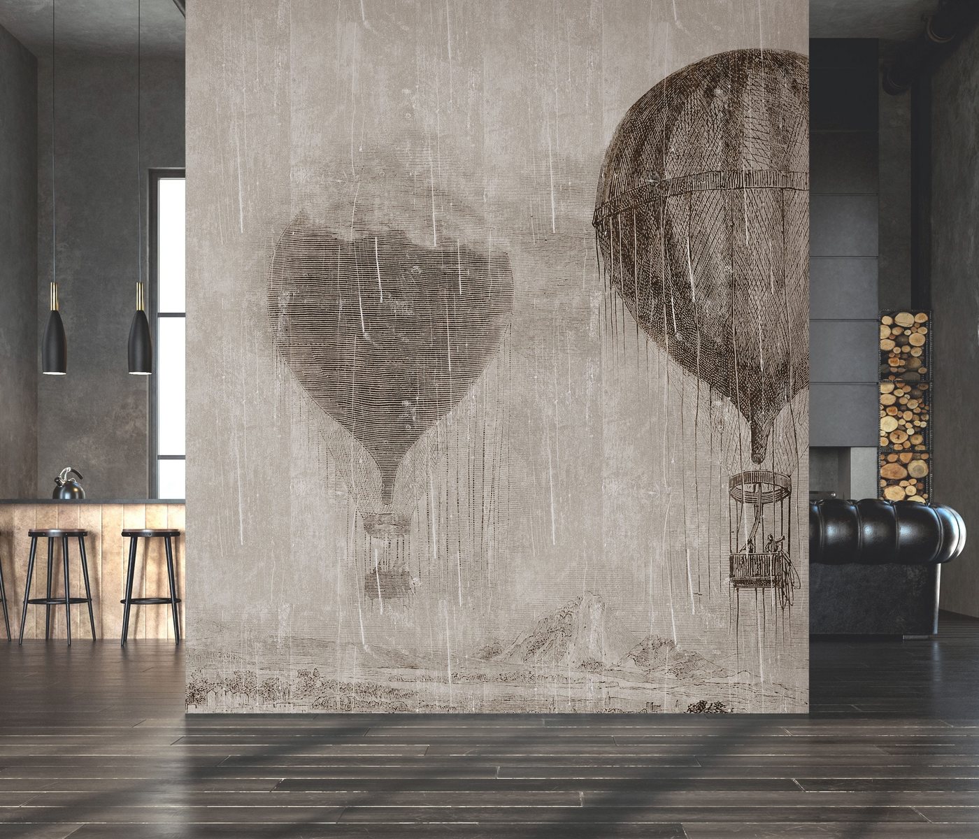 Newroom Vliestapete, [ 3 x 2,7 m ] großzügiges Motiv - kein wiederkehrendes Muster - Fototapete Wandbild Heißluftballon Berge Regen Made in Germany von Newroom