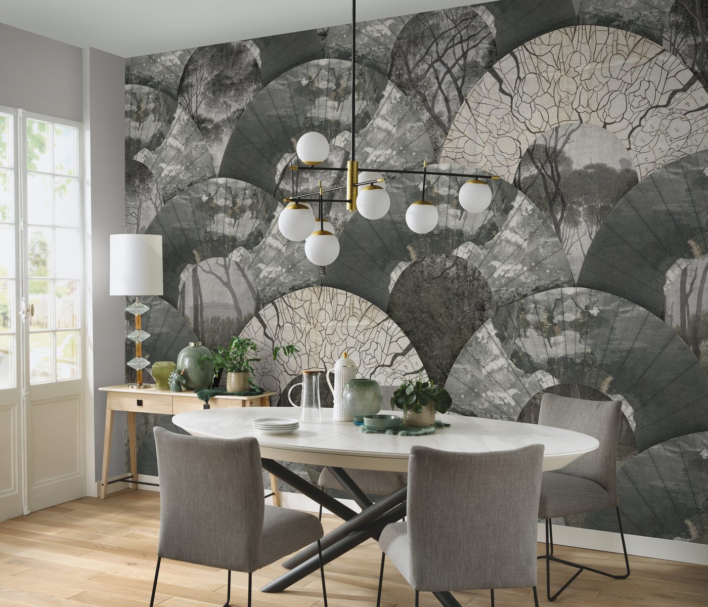 Newroom Vliestapete, [ 4,5 x 2,7 m ] großzügiges Motiv - kein wiederkehrendes Muster - Fototapete Wandbild Halbkreise Baumstämme Bäume Made in Germany von Newroom