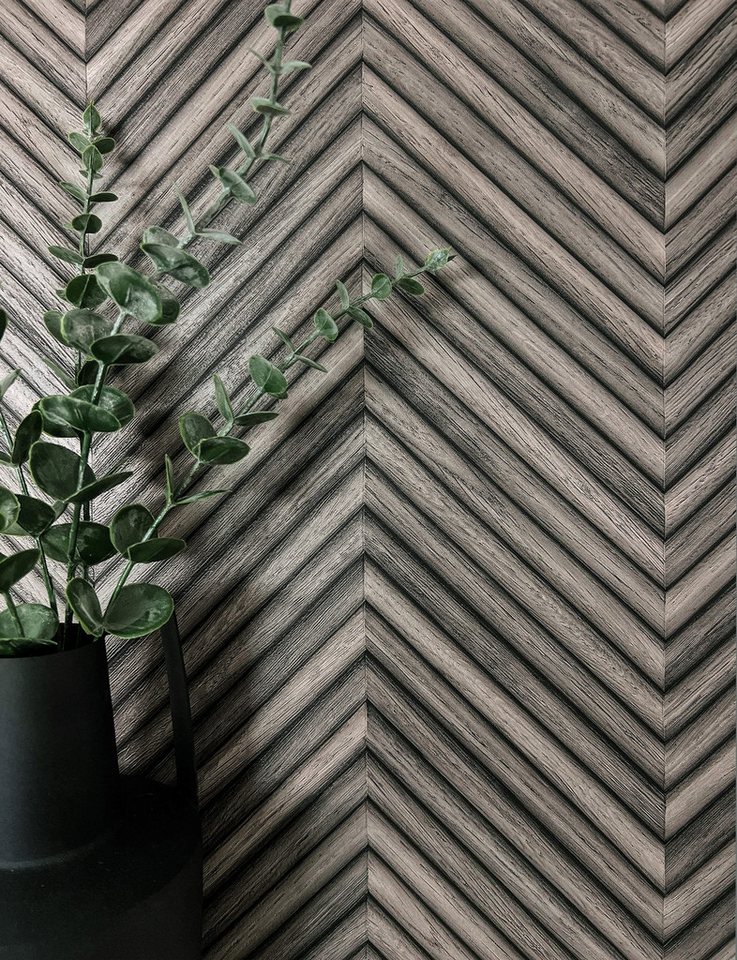 Newroom Vliestapete, Anthrazit Tapete Modern Holz - Holzwand Fischgrätenmuster Grau Hellgrau Boho Natur Paneele Fischgräten für Wohnzimmer Schlafzimmer Küche von Newroom