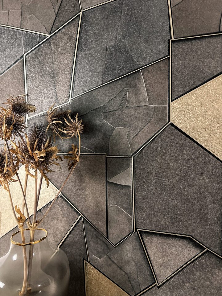 Newroom Vliestapete, Anthrazit Tapete Modern Stein - Mustertapete Steintapete Dunkelgrau Gold 3D Optik Industrial Steinmauer Fliesen für Wohnzimmer Schlafzimmer Küche, Mustertapete, Steintapete von Newroom