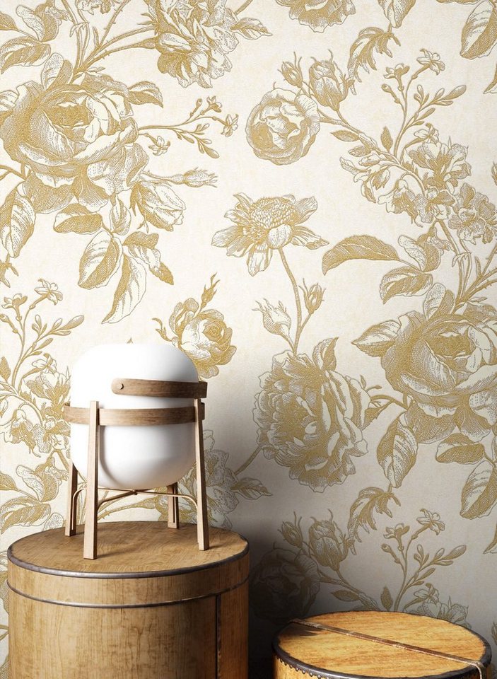 Newroom Vliestapete, Beige Tapete Floral Blumen - Blumentapete Gold Creme Romantisch Modern Rosen Beton für Wohnzimmer Schlafzimmer Flur von Newroom