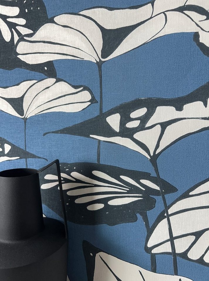 Newroom Vliestapete, Blau Tapete Floral Blätter - Blumentapete Mustertapete Weiß Anthrazit Asiatisch 3D Optik Lotusblätter Natur für Schlafzimmer Wohnzimmer Küche von Newroom