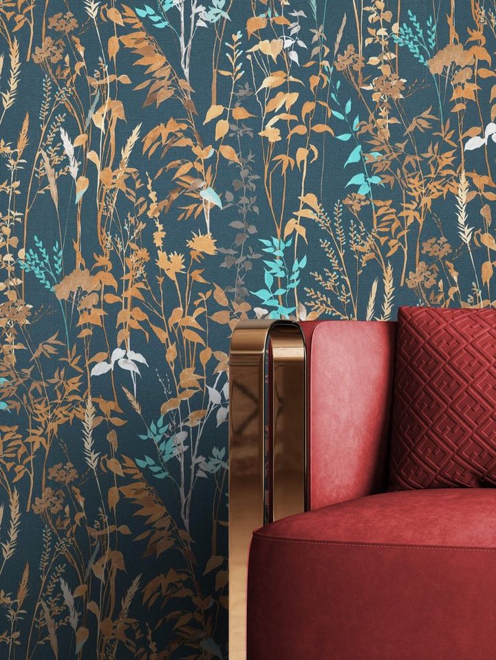 Newroom Vliestapete, Blau Tapete Floral Blumen - Blumentapete Braun Romantisch Modern Blätter Zweige für Wohnzimmer Schlafzimmer Küche von Newroom