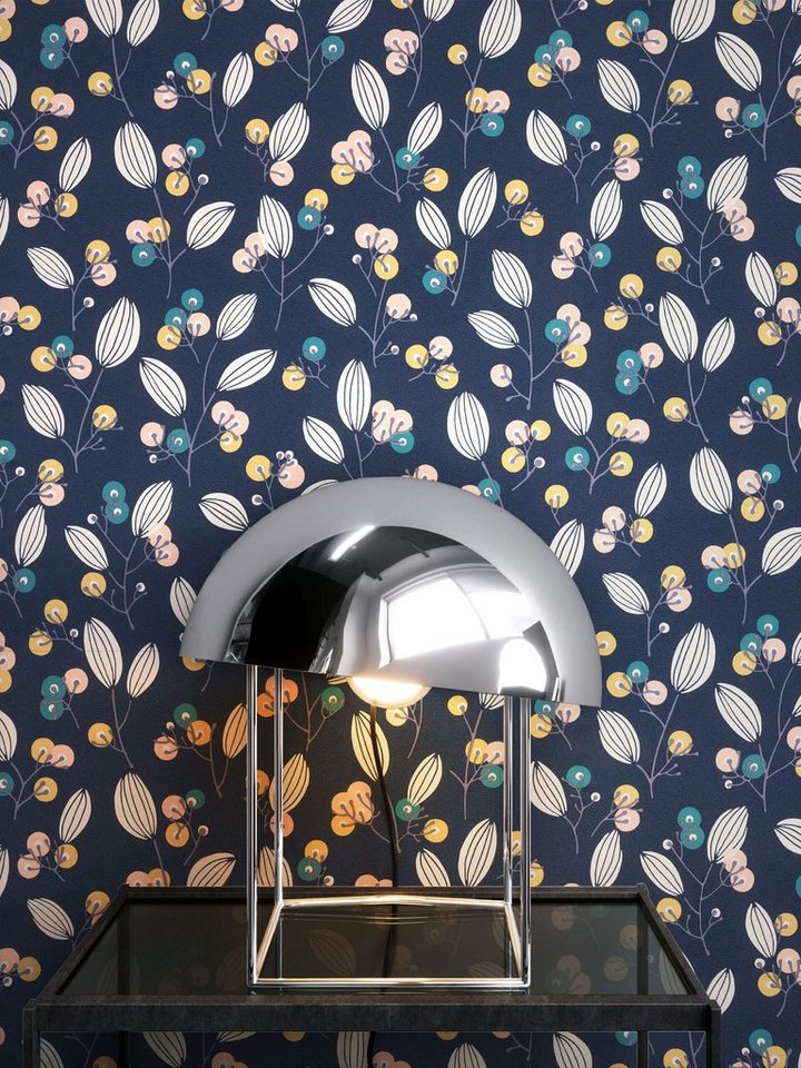 Newroom Vliestapete, Blau Tapete Floral Blumen - Blumentapte Mustertapete Creme Rosa Tropisch Modern Blätter Beeren für Wohnzimmer Schlafzimmer Küche von Newroom