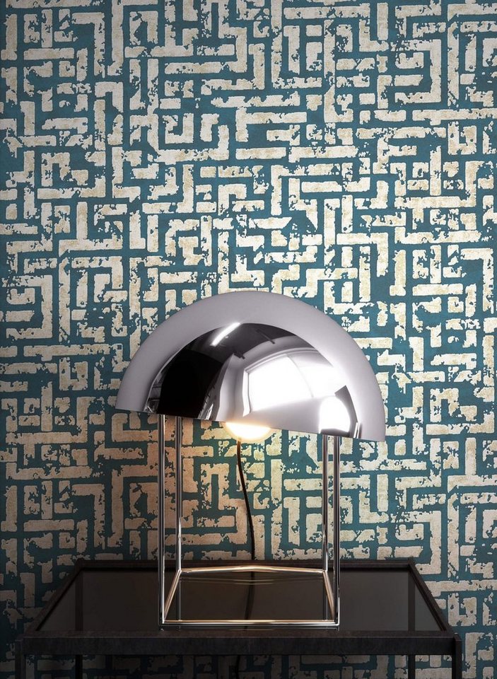 Newroom Vliestapete, Blau Tapete Grafisch Leicht Glänzend - Geometrisch Türkis Weiß Glamour Modern Labyrinth Muster für Wohnzimmer Schlafzimmer Flur von Newroom