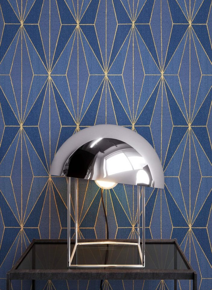 Newroom Vliestapete, Blau Tapete Grafisch Leicht Glänzend - Mustertapete Grafiktapete Gold Geometrisch Modern Grafik Muster für Wohnzimmer Schlafzimmer Küche von Newroom