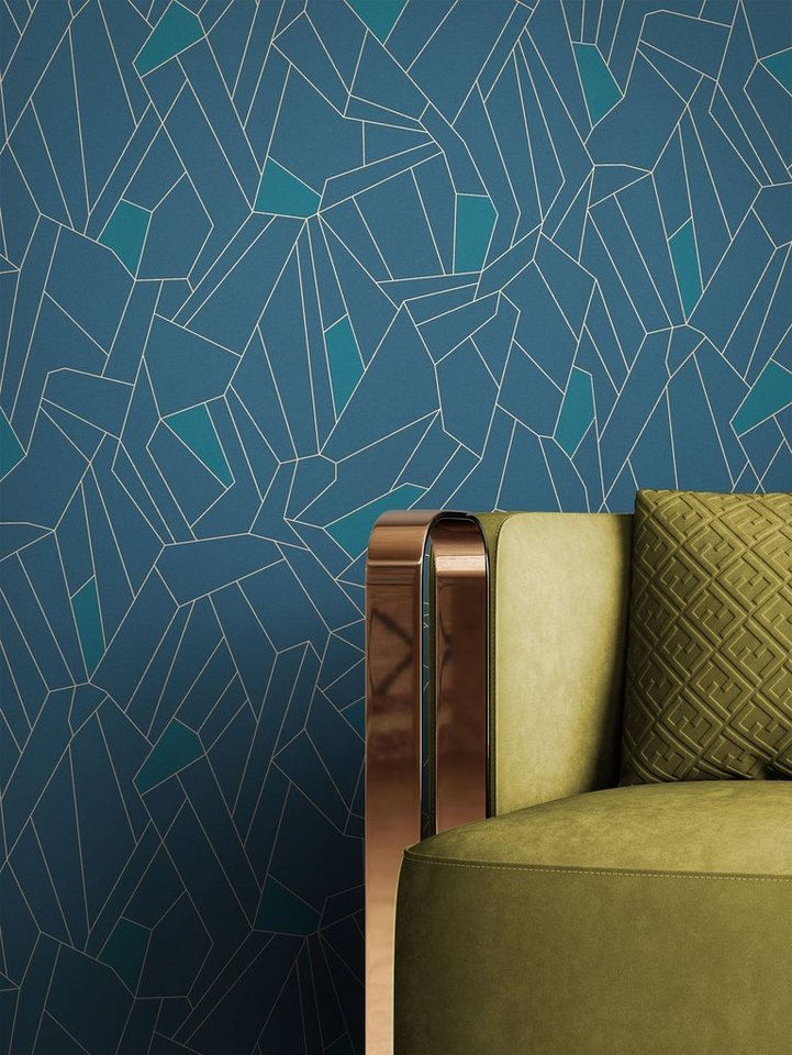 Newroom Vliestapete, Blau Tapete Grafisch Leicht Glänzend - Mustertapete Petrol Gold Geometrisch Modern Grafik Linien für Wohnzimmer Schlafzimmer Küche von Newroom