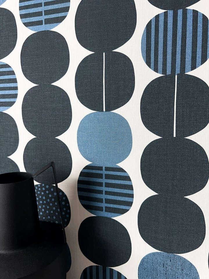 Newroom Vliestapete, Blau Tapete Modern Kreise - Mustertapete Retro Schwarz Weiß Geometrisch Grafisch Grafisch Motiv für Wohnzimmer Schlafzimmer Küche von Newroom