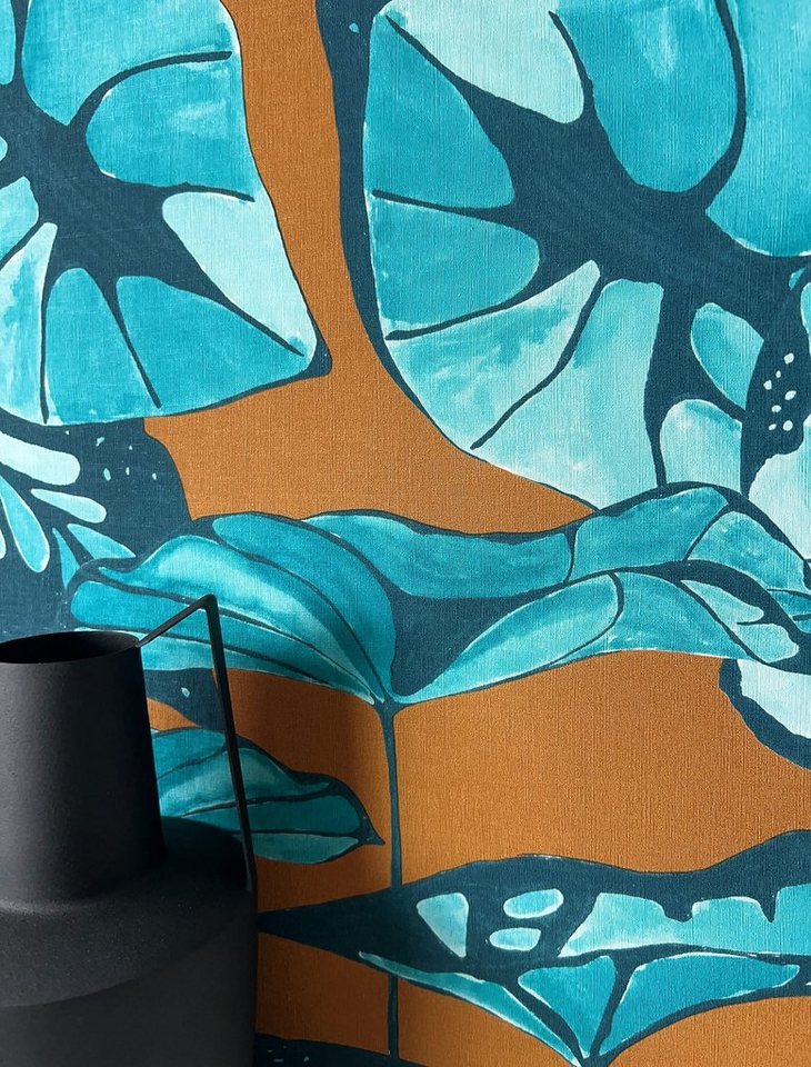 Newroom Vliestapete, Braun Tapete Floral Blätter - Blumentapete Mustertapete Blau Petrol Asiatisch 3D Optik Lotusblätter Natur für Schlafzimmer Wohnzimmer Küche von Newroom