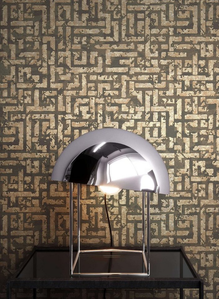 Newroom Vliestapete, Braun Tapete Grafisch Leicht Glänzend - Geometrisch Gold Glamour Modern Labyrinth Muster für Wohnzimmer Schlafzimmer Flur von Newroom