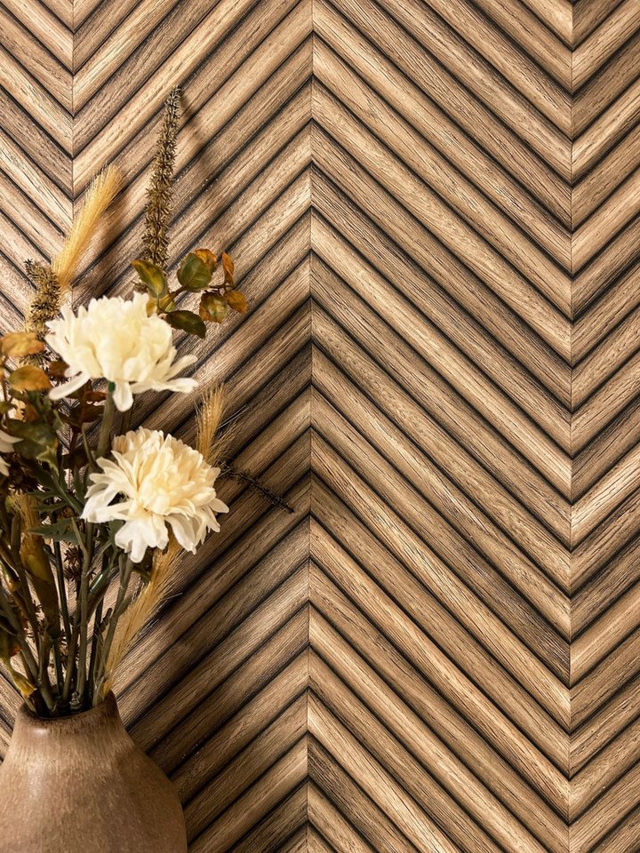 Newroom Vliestapete, Braun Tapete Modern Holz - Holzwand Fischgrätenmuster Hellbraun Beige Boho Natur Paneele Fischgräten für Wohnzimmer Schlafzimmer Küche, Holztapete, Holzwand von Newroom