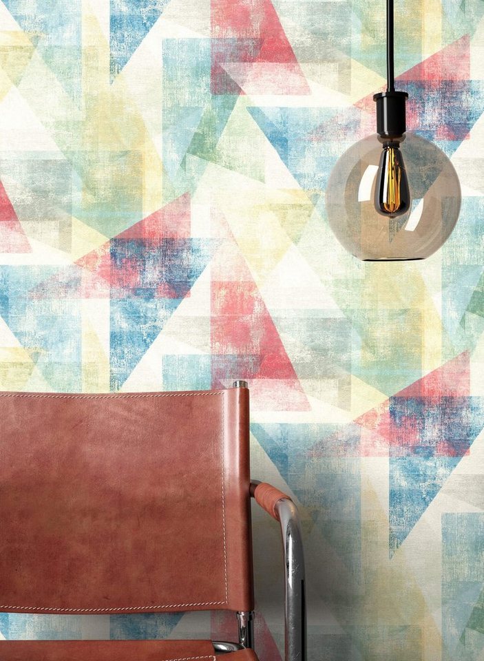 Newroom Vliestapete, Bunt Tapete Grafisch Dreiecke - Mustertapete Grafiktapete Pink Blau Industrial Modern Muster für Wohnzimmer Schlafzimmer Küche von Newroom