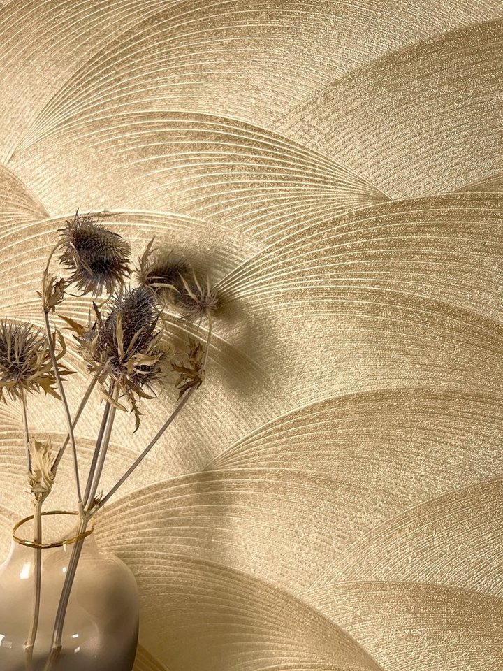 Newroom Vliestapete, Gold Tapete Modern Wellen - Mustertapete Streifentapete Metallic 3D Optik Grafisch Bogen Linien für Wohnzimmer Schlafzimmer Küche von Newroom