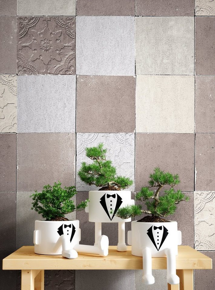 Newroom Vliestapete, Grau Tapete Fliesen Vintage - Fliesenoptik Mustertapete Beige Silber Mosaik Modern für Schlafzimmer Wohnzimmer Küche von Newroom