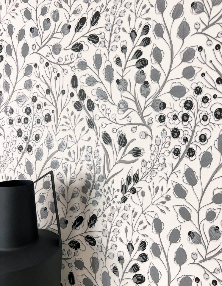 Newroom Vliestapete, Grau Tapete Floral Blätter - Blumentapete Blätter Weiß Schwarz Romantisch 3D Optik Blumen Äste für Schlafzimmer Wohnzimmer Küche von Newroom