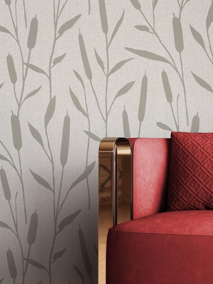 Newroom Vliestapete, Grau Tapete Floral Glänzend - Glanztapete Schilfrohr Taupe Grafisch Modern Schilf Pflanze für Wohnzimmer Schlafzimmer Küche von Newroom