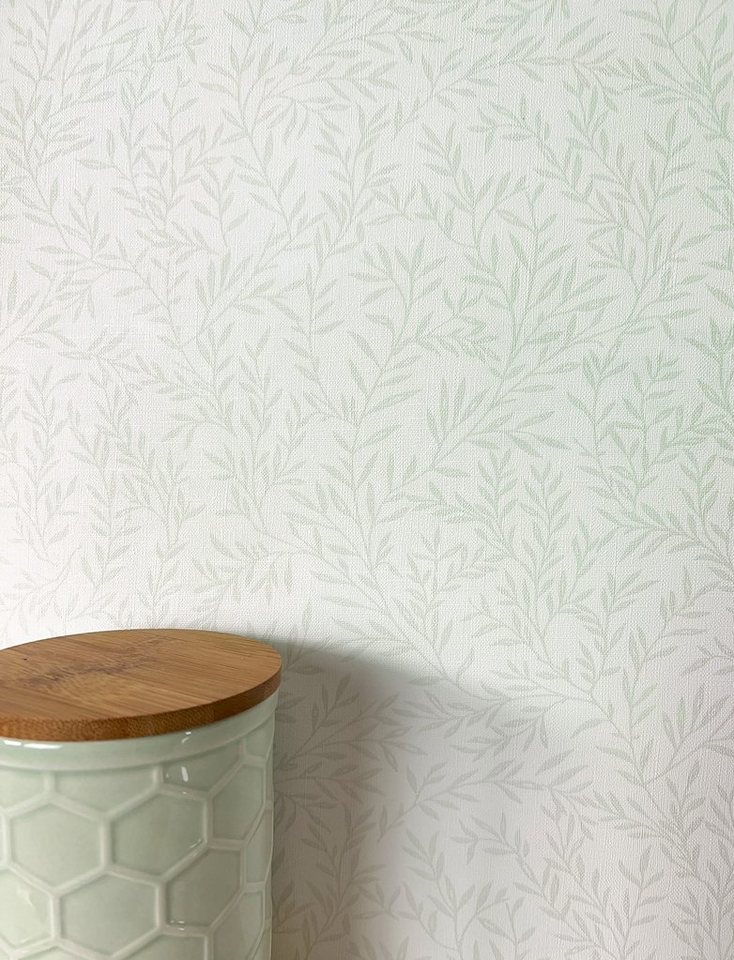 Newroom Vliestapete, Grün Tapete Floral Zweige - Vintage Blumentapete Weiß Romantisch 3D Optik Blätter für Schlafzimmer Wohnzimmer Küche von Newroom