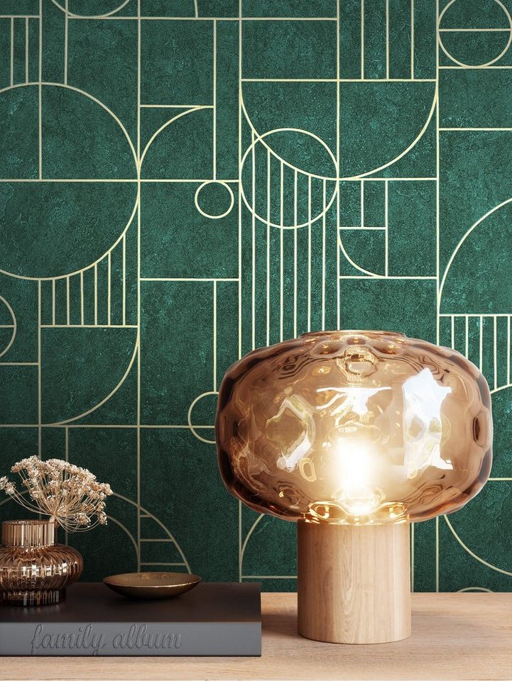 Newroom Vliestapete, Grün Tapete Glamour Leicht Glänzend - Betontapete Mustertapete Gold Grafik Modern Beton Geometrisch für Wohnzimmer Schlafzimmer Flur von Newroom