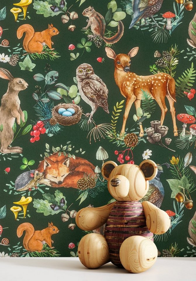 Newroom Vliestapete, Grün Tapete Kinder Tiere - Kindertapete Jugendtapete Braun Verspielt Blätter Wald für Kinderzimmer Jugendzimmer Babyzimmer von Newroom