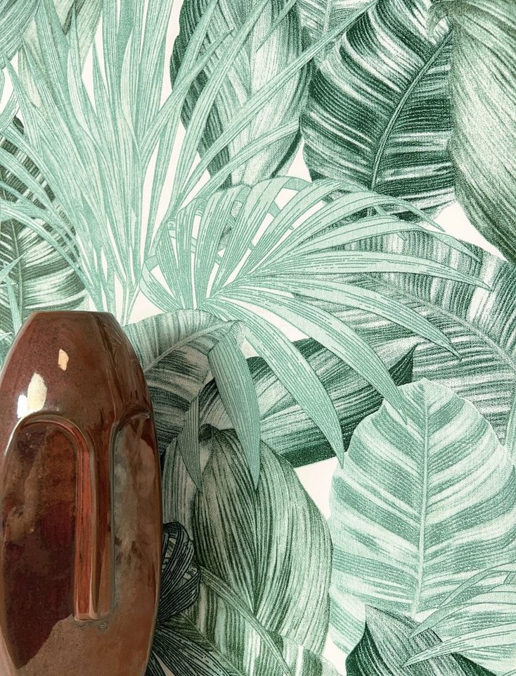 Newroom Vliestapete, Grün Tapete Modern Dschungel - Mustertapete Blumentapete Weiß Tropisch Floral Palmen Blätter für Wohnzimmer Schlafzimmer Küche von Newroom