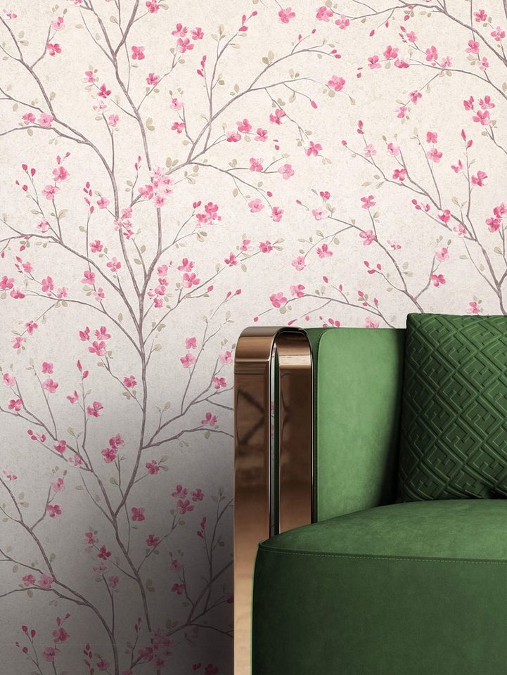 Newroom Vliestapete, Pink Tapete Floral Blumen - Blumentapete Blätter Creme Grau Tropisch Asiatisch Kirschblüte Bäume für Wohnzimmer Schlafzimmer Küche von Newroom