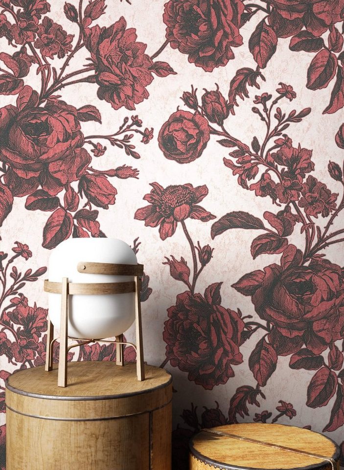Newroom Vliestapete, Rosa Tapete Floral Blumen - Blumentapete Rot Romantisch Modern Rosen Beton für Wohnzimmer Schlafzimmer Flur von Newroom