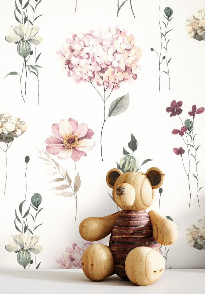 Newroom Vliestapete, Rosa Tapete Kinder Blumen - Kindertapete Jugendtapete Rose Grau Verspielt Blüten Hortensien für Kinderzimmer Jugendzimmer Babyzimmer von Newroom