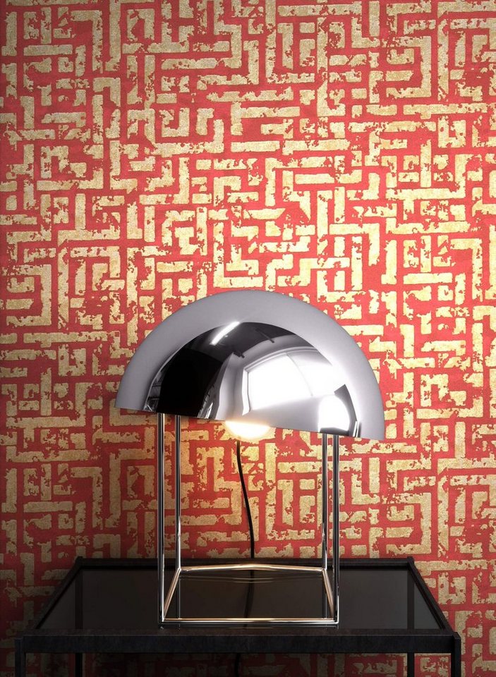 Newroom Vliestapete, Rot Tapete Grafisch Leicht Glänzend - Geometrisch Gold Glamour Modern Labyrinth Muster für Wohnzimmer Schlafzimmer Flur von Newroom