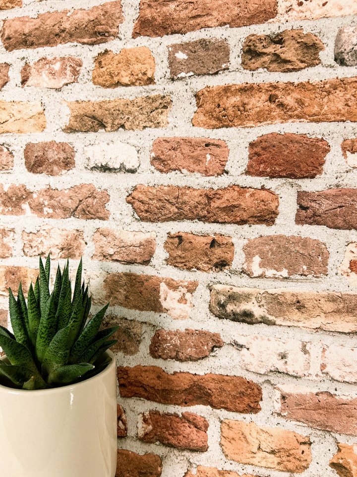 Newroom Vliestapete, Rot Tapete Modern Stein - Steintapete Steinoptik Orange Hellgrau 3D Optik Industrial Ziegelstein Klinker für Schlafzimmer Wohnzimmer Küche von Newroom