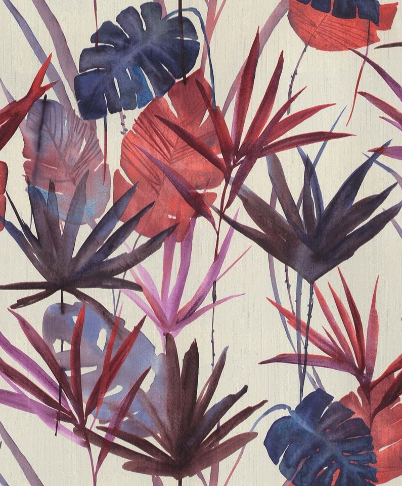 Newroom Vliestapete, Rot Tapete Natur Blätter - Blau Creme Fauna Zweige für Büro Diele/Flur Schlafen von Newroom