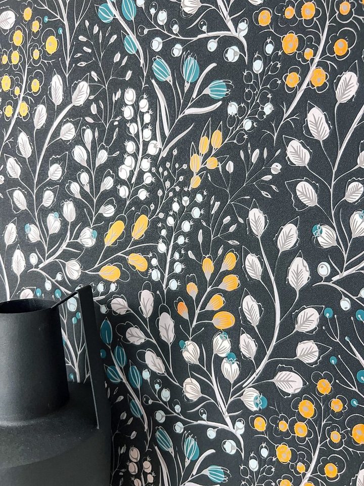 Newroom Vliestapete, Schwarz Tapete Floral Blätter - Blumentapete Blätter Gelb Petrol Romantisch 3D Optik Blumen Äste für Schlafzimmer Wohnzimmer Küche von Newroom