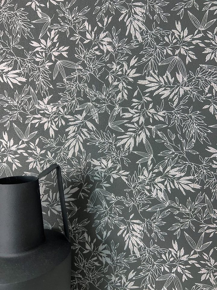 Newroom Vliestapete, Schwarz Tapete Floral Blätter - Blumentapete Blätter Grau Romantisch 3D Optik Blumen Äste für Schlafzimmer Wohnzimmer Küche von Newroom