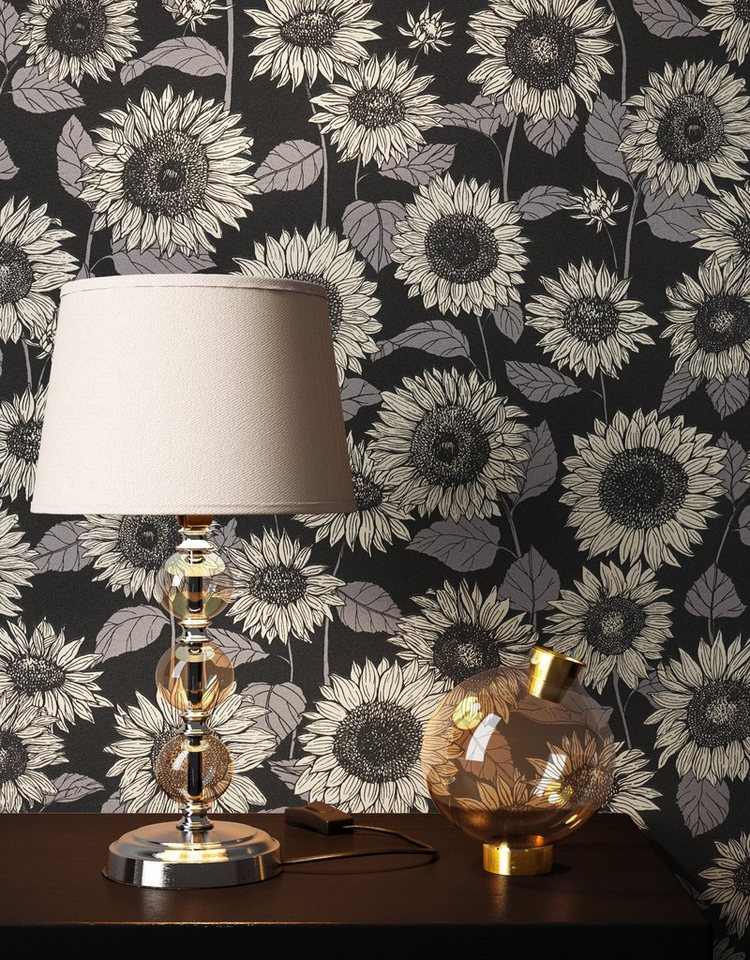 Newroom Vliestapete, Schwarz Tapete Floral Blumen - Blumentapeten Mustertapete Grau Beige Landhausstil Modern Sonnenblumen Natur für Wohnzimmer Schlafzimmer Küche von Newroom