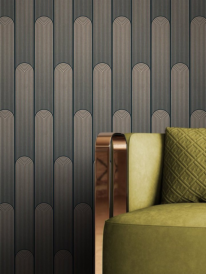 Newroom Vliestapete, Schwarz Tapete Grafisch Leicht Glänzend - Mustertapete Grafik Gold Geometrisch Modern Linien Streifen für Wohnzimmer Schlafzimmer Küche von Newroom