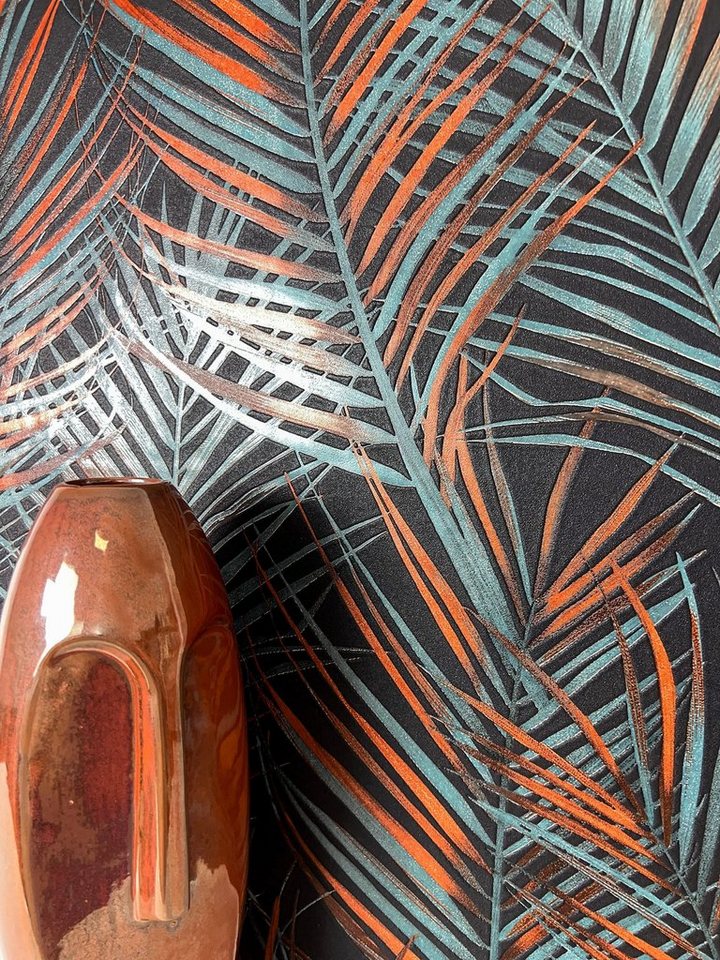 Newroom Vliestapete, Schwarz Tapete Modern Dschungel - Mustertapete Blumentapete Orange Petrol Tropisch Floral Palmen Blätter für Wohnzimmer Schlafzimmer Küche von Newroom