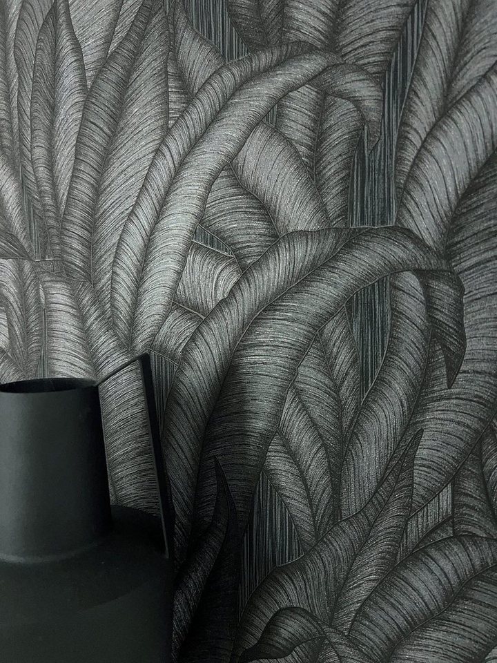 Newroom Vliestapete, Schwarz Tapete Modern Dschungel - Mustertapete Palmenblätter Anthrazit Metallic Tropisch Floral Palmen Blätter für Wohnzimmer Schlafzimmer Küche von Newroom