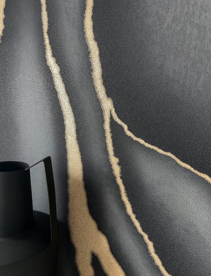 Newroom Vliestapete, Schwarz Tapete Modern Marmor - Marmoroptik Mustertapete Grau Gold 3D Optik Industrial Stein Struktur für Schlafzimmer Wohnzimmer Küche von Newroom