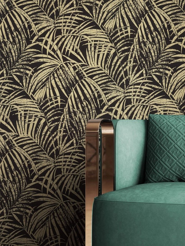 Newroom Vliestapete, Schwarz Tapete Tropisch Dschungel - Dschungeltapete Palmentapete Gold Floral Modern Blätter Palmenblätter für Wohnzimmer Schlafzimmer Küche von Newroom