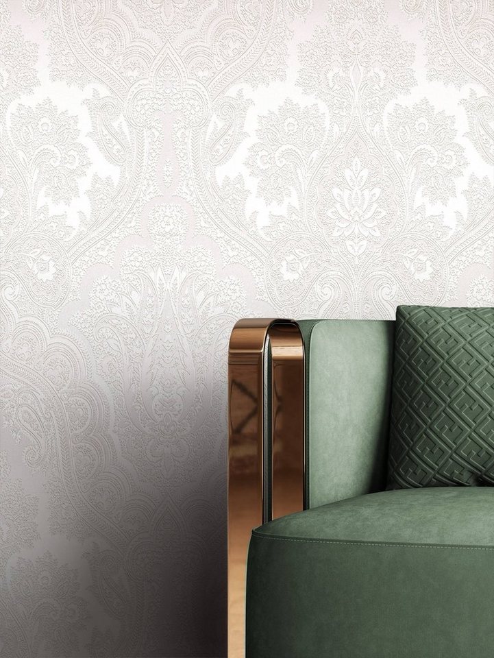 Newroom Vliestapete, Silber Tapete Barock Leicht Glänzend - Barocktapete Grau Glamour Modern Ornament Prunk für Wohnzimmer Schlafzimmer Flur von Newroom