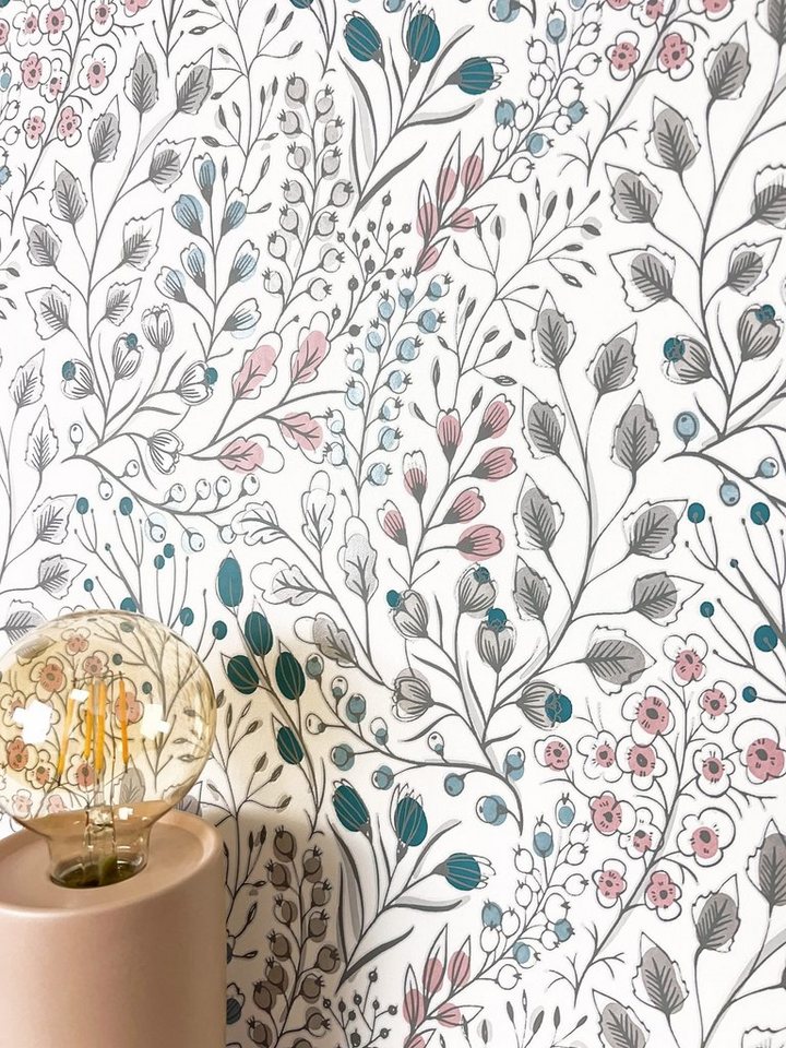 Newroom Vliestapete, Weiß Tapete Floral Blätter - Blumentapete Blätter Blau Rose Romantisch 3D Optik Blumen Äste für Schlafzimmer Wohnzimmer Küche von Newroom