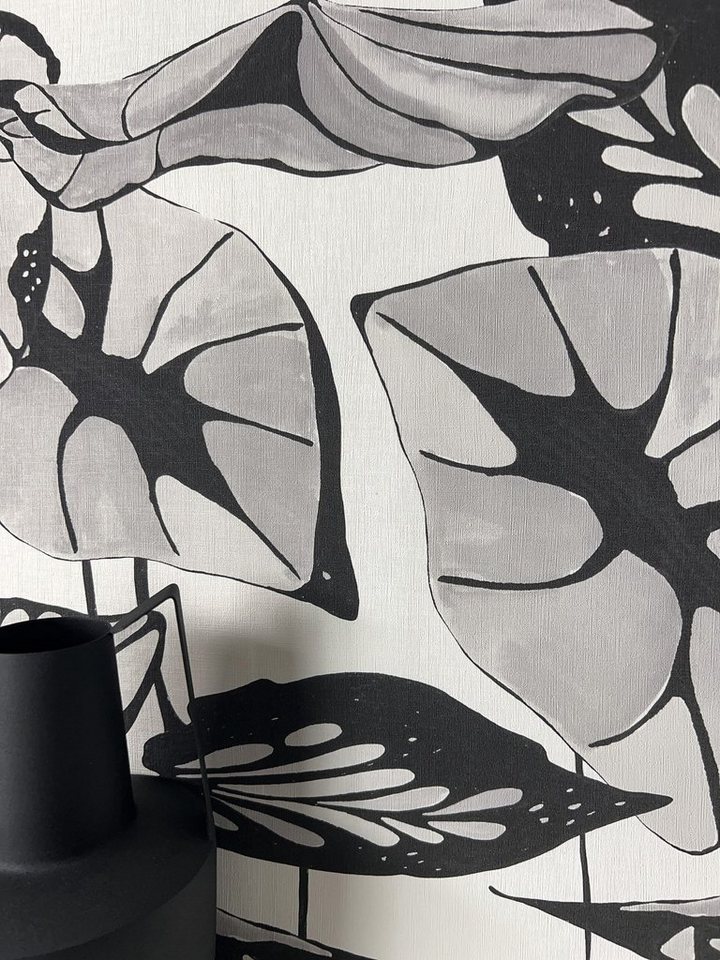 Newroom Vliestapete, Weiß Tapete Floral Blätter - Blumentapete Mustertapete Schwarz Grau Asiatisch 3D Optik Lotusblätter Natur für Schlafzimmer Wohnzimmer Küche von Newroom