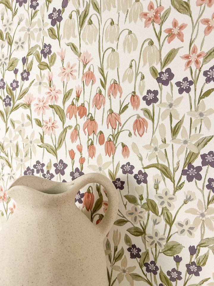 Newroom Vliestapete, Weiß Tapete Floral Blumen - Blumentapete Floral Grün Rosa Romantisch 3D Optik Blüten Blätter für Wohnzimmer Schlafzimmer Küche, Blumentapete, Floral von Newroom
