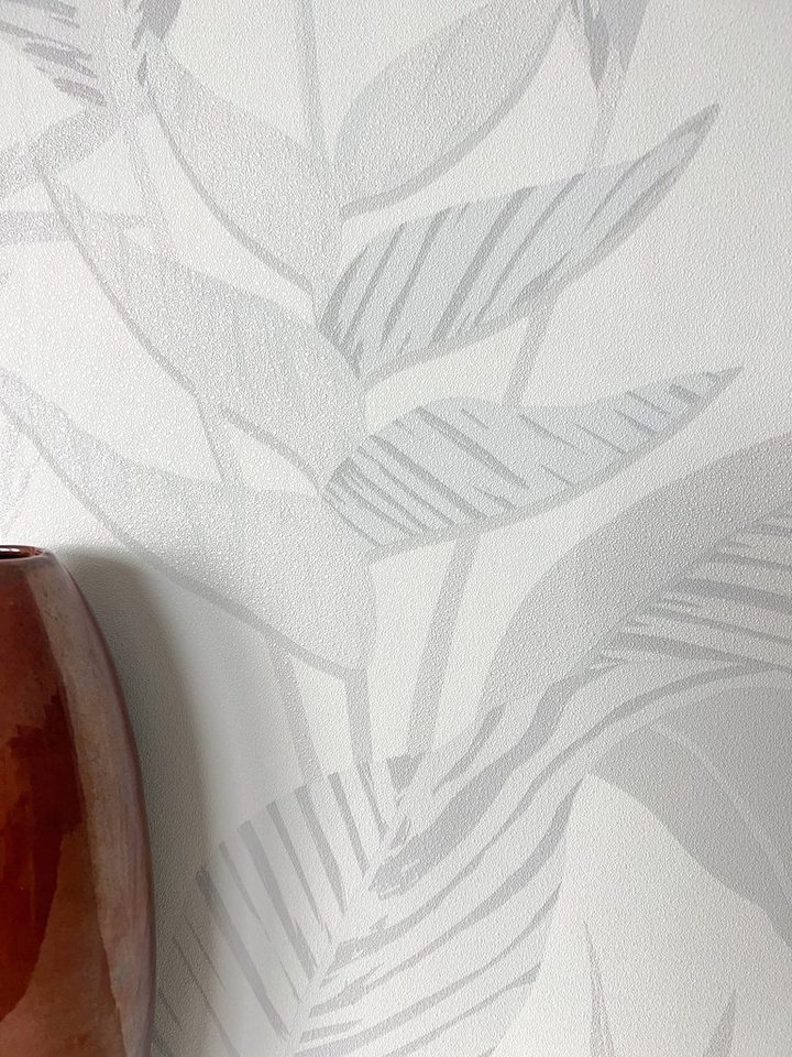 Newroom Vliestapete, Weiß Tapete Modern Dschungel - Mustertapete Blumentapete Hellgrau Grau Tropisch Floral Palmen Blätter für Wohnzimmer Schlafzimmer Küche von Newroom