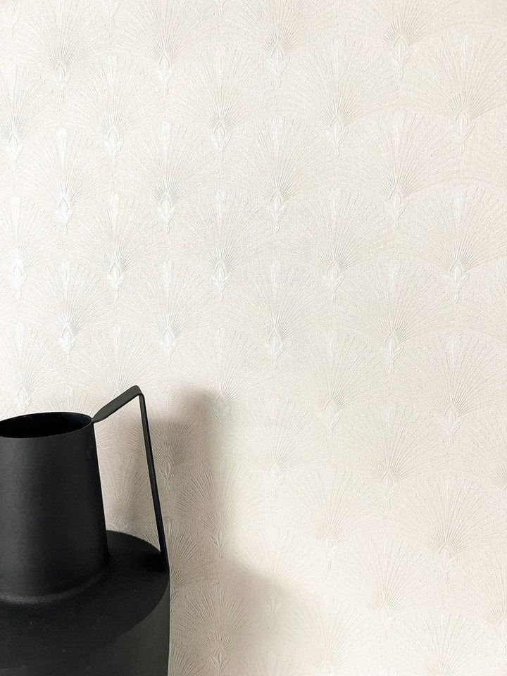 Newroom Vliestapete, Weiß Tapete Modern Fächer - Mustertapete Retro Creme Vintage Glamour Ornamente Glänzend für Schlafzimmer Wohnzimmer Küche von Newroom