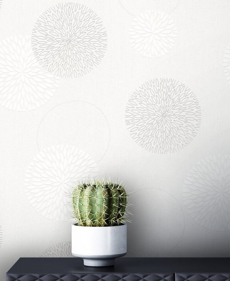 Newroom Vliestapete, Weiß Tapete Modern Kreise - Mustertapete Grau Grafisch Floral Blumen Muster für Wohnzimmer Schlafzimmer Flur von Newroom
