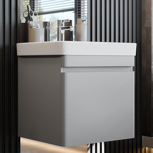 Newroom Waschbeckenunterschrank inkl. Waschbecken lackiert - Grau/Beton matt - Hängend - mit viel Stauraum - 50x54x50 cm (BxHxT) - Badezimmermöbel, Waschtisch, Unterschrank von Newroom