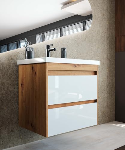 Newroom Waschbeckenunterschrank inkl. Waschbecken Teil-lackiert - Weiß Hochglanz/Holz Eiche- Hängend - mit viel Stauraum - 60x60x45 cm (BxHxT) - Badezimmermöbel, Waschtisch, Unterschrank von Newroom