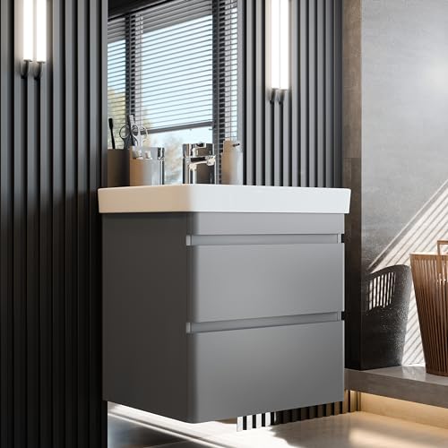 Newroom Waschbeckenunterschrank inkl. Waschbecken lackiert - Grau/Beton matt - Hängend mit viel Stauraum - 60x62x46 cm (BxHxT) - Badezimmermöbel, Waschtisch, Unterschrank von Newroom