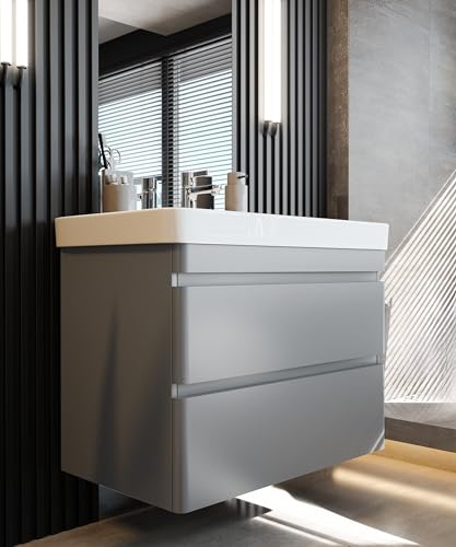 Newroom Waschbeckenunterschrank inkl. Waschbecken lackiert - Grau/Beton matt - Hängend - mit viel Stauraum - 80x62x46 cm (BxHxT) - Badezimmermöbel, Waschtisch, Unterschrank von Newroom