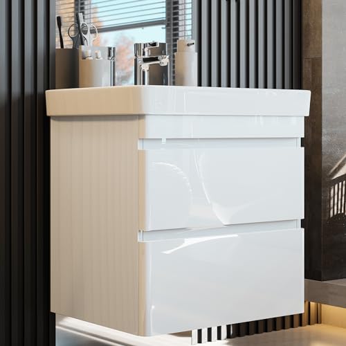 Newroom Waschbeckenunterschrank Weiß Hochglanz Hängend mit viel Stauraum - 60x62x46 cm (BxHxT) - Badezimmer Unterschrank Badezimmerschrank Badezimmermöbel Badunterschrank - [Axina.one] von Newroom
